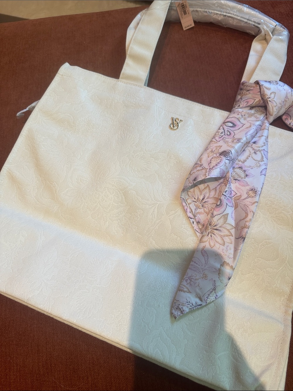 Victoria's Secret Cream Tote with Lavender Floral Scarf